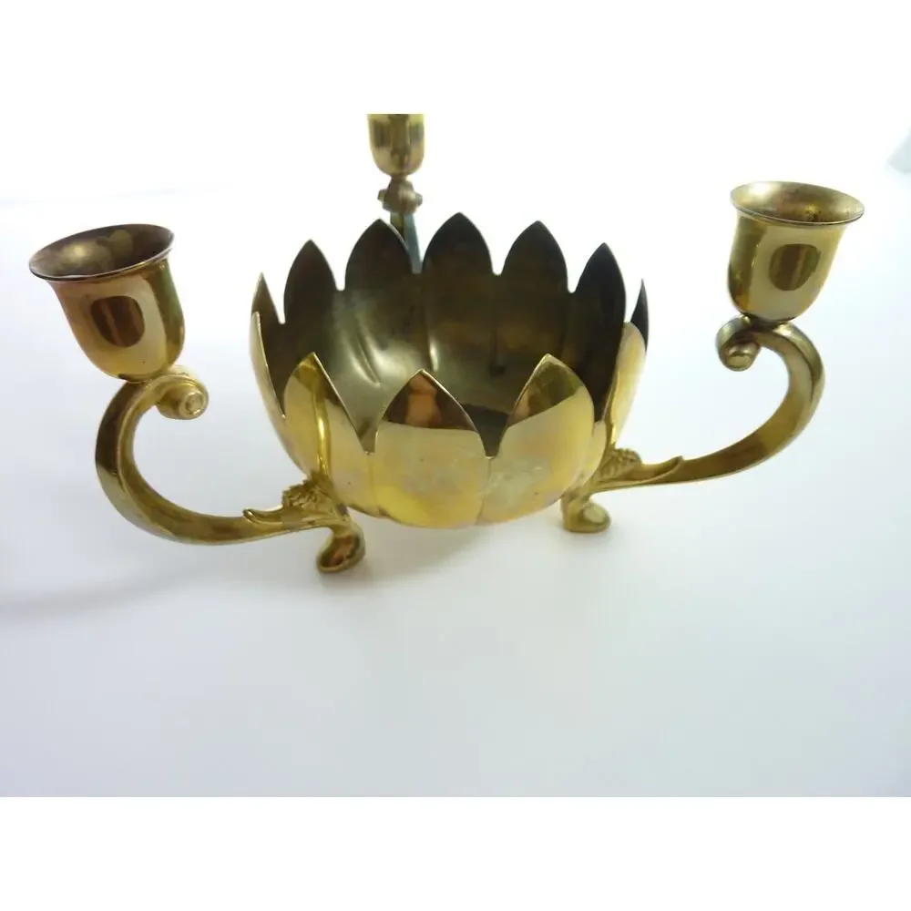 Vintage Leonards Brass Lotus Candle Holder 3 Arm Candelabra Hollywood Regency
